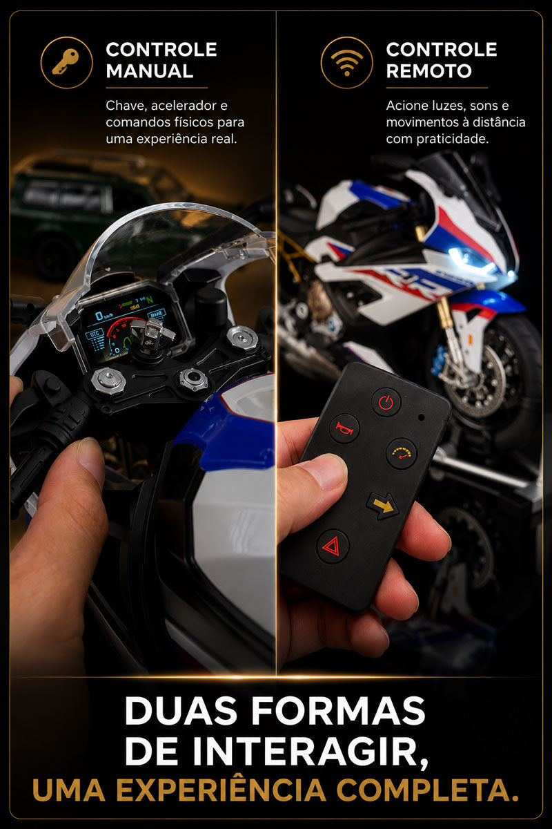 BMW S1000RR 1:6 com Controle Remoto, Spray no Escapamento e Funções Interativas