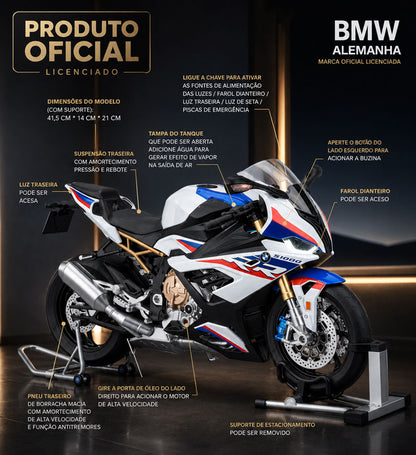BMW S1000RR 1:6 com Controle Remoto, Spray no Escapamento e Funções Interativas