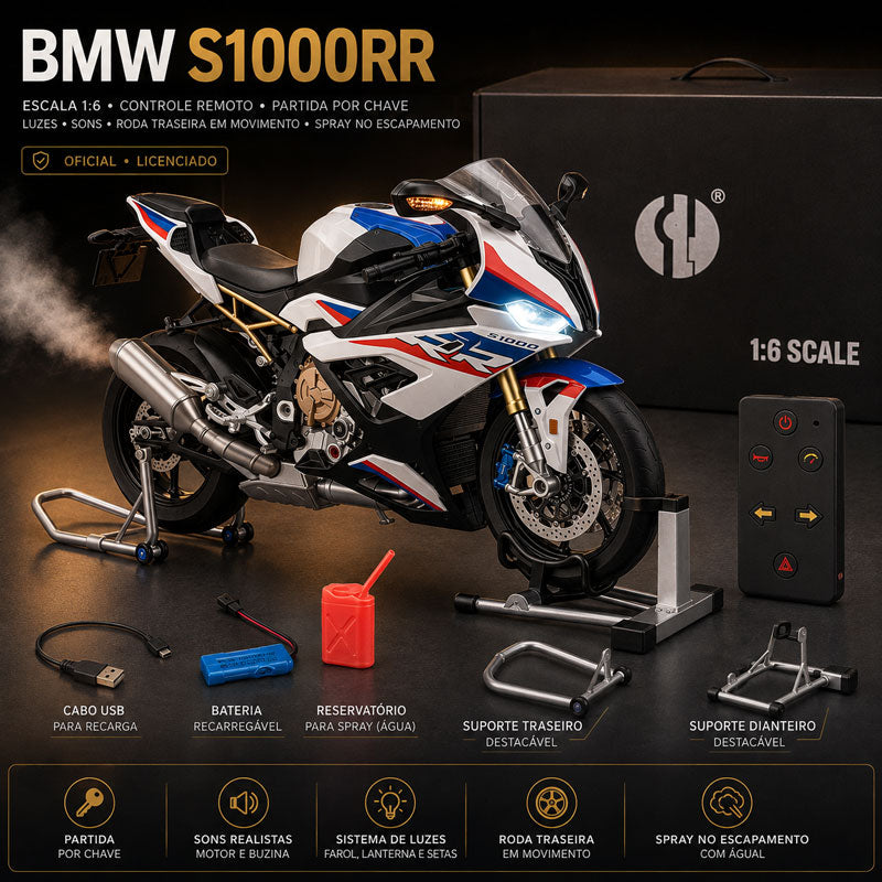 BMW S1000RR 1:6 com Controle Remoto, Spray no Escapamento e Funções Interativas